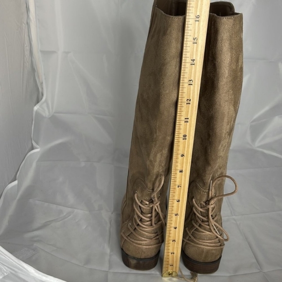 Call It Spring Tan Faux Suede Knee High Riding  Boots Lace Heel 10 - Picture 2 of 7